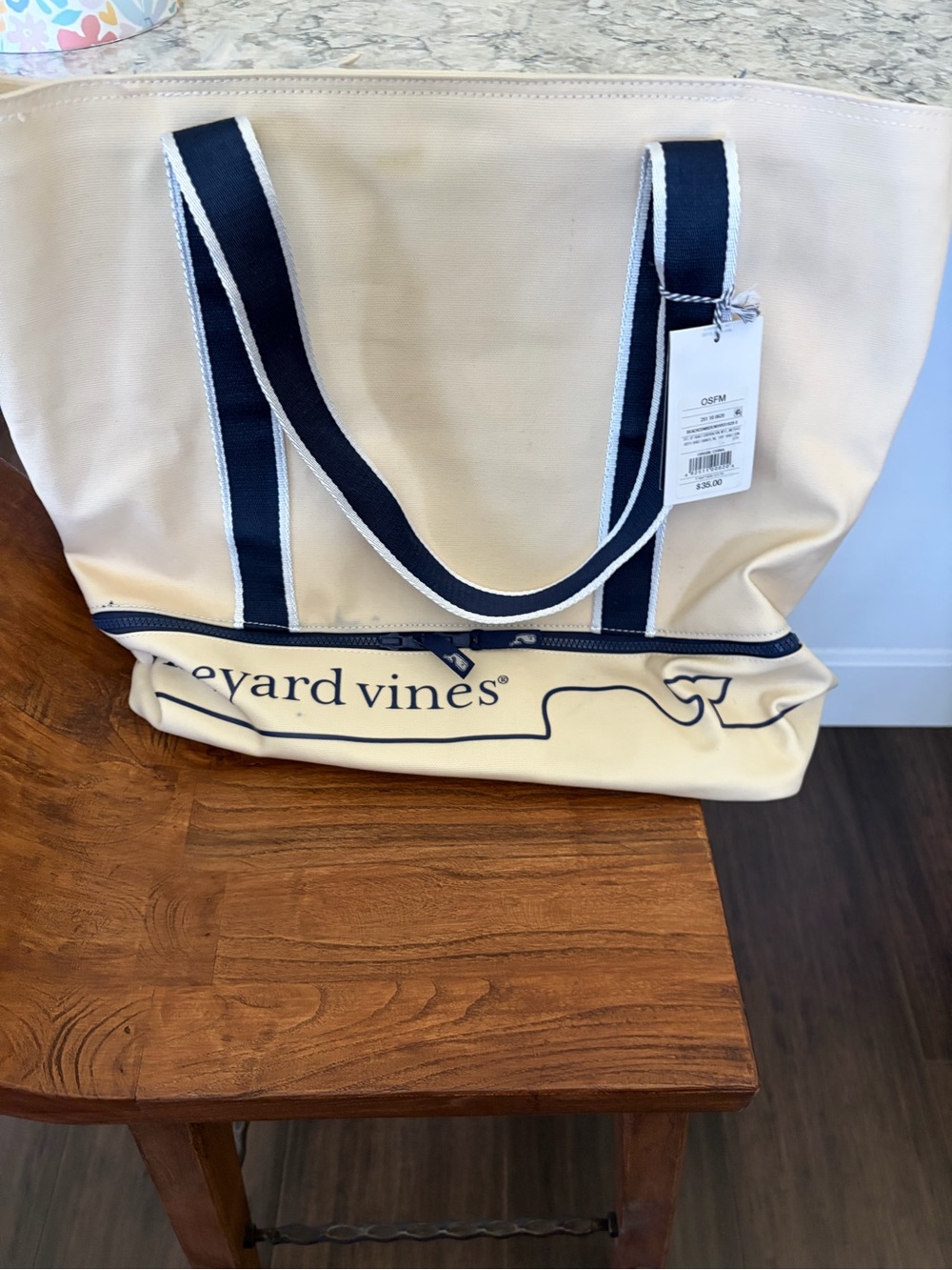 Vineyard Vines x Target Cream Canvas Tote with Navy Trim and Zippered Pocket